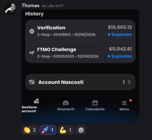 Payout FTMO di un allievo, condiviso su Discord